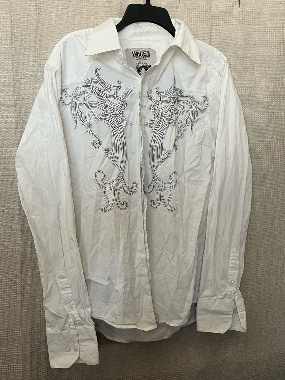 Y2K White long sleeve button up shirt with black embroidery design
